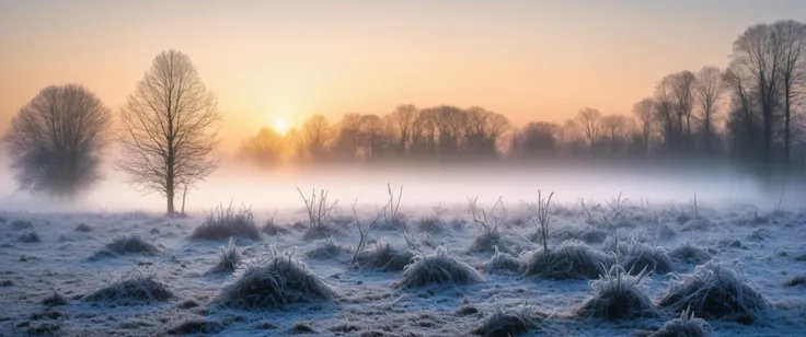 woodland ,  ice particles,  sunrise with morning fog near ground , sunlight with godrays,        heavy mist, very few clouds,
((...