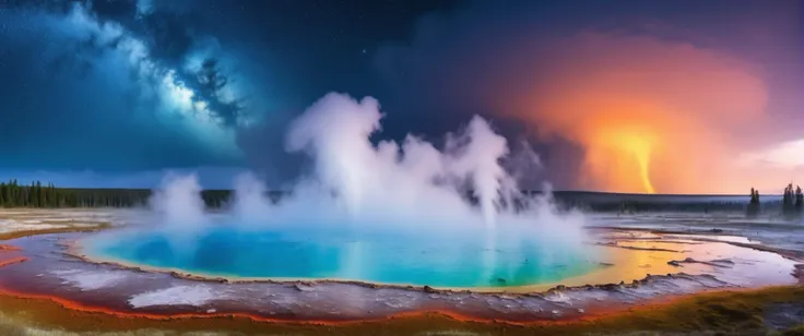 tropical island, plains,  prismatic hot springs in a geyser basin,  thunderstorm, many small clouds, heavy fog,     pulsar, and ...