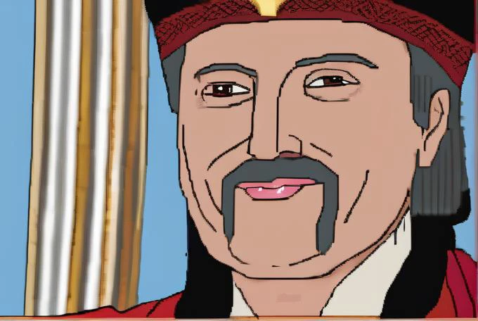 (masterpiece, best quality, high quality, highres, ultra-detailed),  european King wearing a crown, red robe, smiling, black hair,  castle in background <lora:SDXL_MSPaint_Portrait:0.8> MSPaint portrait, MSPaint drawing