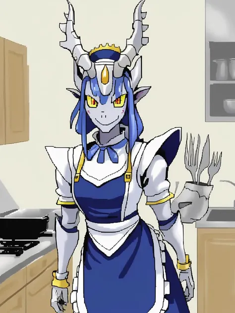 MSPaint Drawing of a cute dorugoramon maid standing in a kitchen,maid headdress, dragon horns,yellow eyes,:3, 1girl,solo,:3, <lora:SDXL_MSPaint_Portrait:1>, <lora:DORUgoramonXL:0.6>