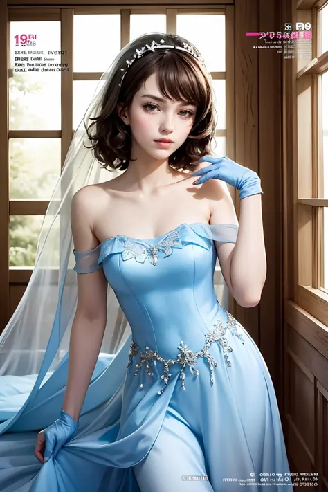 a woman in a blue dress posing for a magazine