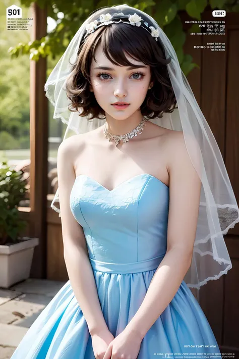 a woman in a blue dress and veil posing for a picture