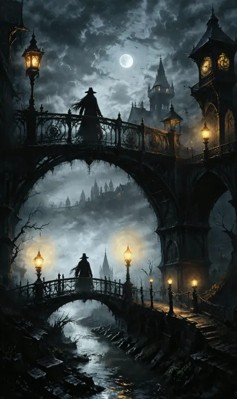 a Clockwork djinn with ornate, mystical lamps at a Gaslit bridge spanning over tranquil river, city of yharnam, bloodborne, ultra-fine digital painting, <lora:xl_more_art-full_v1:0.3>, <lora:Desolation:0.7>, <lora:cine:0.7> cin3 <lora:victoriansxl_v1:0.4...