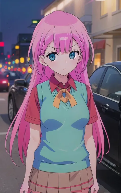 anime girl with pink hair and blue eyes standing in the street