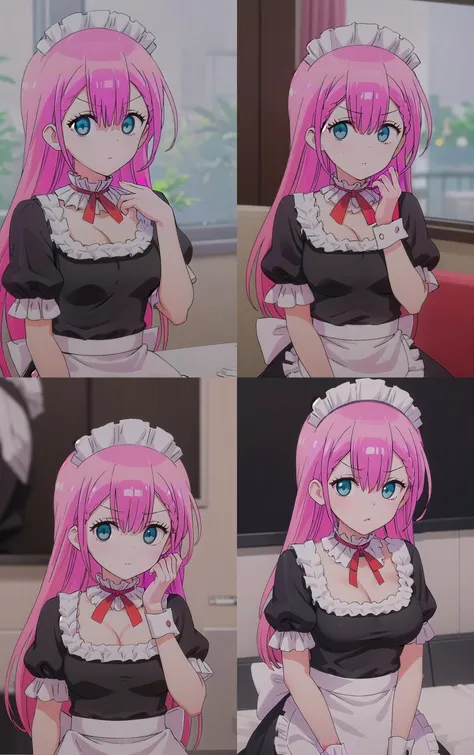 a close up of a person with pink hair and a maid outfit