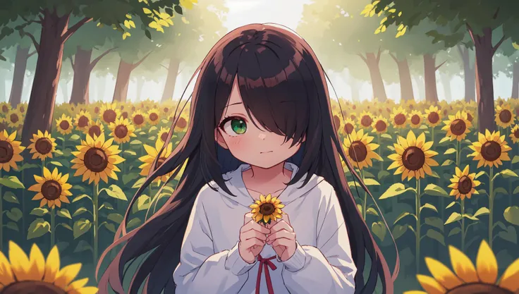 sle, masterpiece, detailed background, (mksks style:0.9), sketch,
1girl, solo, cute, black hair, very long hair, hair over one eye, green eyes, long sleeves,
BREAK outdoors, forest, field of sunflower