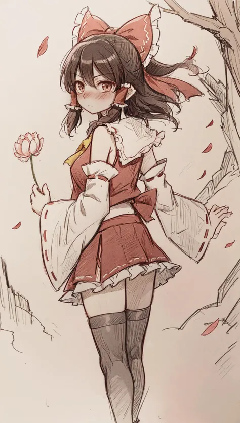 hakurei reimu, detached sleeves, hair bow, blush, looking down, standing, crossed ankles, from behind, looking back, medium breasts, (outdoors, nature, flower, petals:1.1), thighhighs, [monochrome::0.6] sketch, graphite (medium) <lora:Drawing1:0.7>