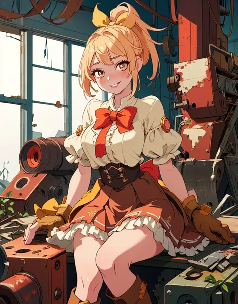 1girl, Oval face, Blonde hair High ponytail with a hair bow, Brown eyes Close-set eyes, Aquiline nose, Bow-shaped lips, A vibrant and colorful magical girl outfit with a frilly skirt, knee-high boots, and a wand., bijouterie,  smiling, (craving lusty look:...