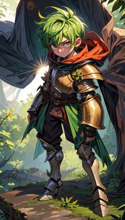 masterpiece, best quality, (masterpiece), druid knight, (1boy), (solo focus), (detailed face:1.1), (glowing eyes:0.4),  cloak,  short leafgreen hair, fantsy wooden armor, scarred skin, full body view, stands with wide legs, leafs and brunches, bloom, lens ...