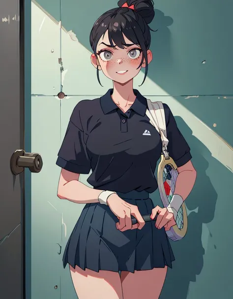 1girl, Oval face, Black hair Sock bun hairstyle, Gray eyes Doe eyes, Freckled nose, Pouty lips, A cute and sporty tennis outfit with a pleated skirt, a polo shirt, and a racket., bijouterie,  smiling, (craving lusty look:1.3), (City Jail - A dark and myste...