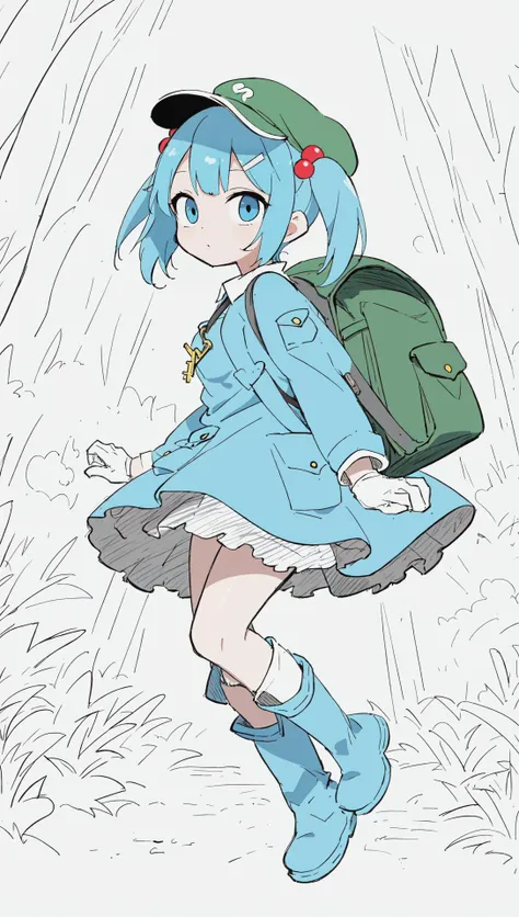 kawashiro nitori, flat cap, skirt set, gloves, hair bobbles, hat, pocket, bag, backpack, medium breasts, boots, bangs, long sleeves, hair ornament, two side up, blue eyes, blue rubber boots, blue hair, short hair, dress, twintails, green headwear, key, BRE...