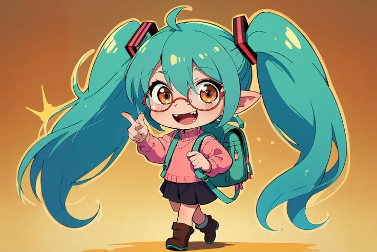 1girl, hatsune miku, going (best quality:1.3), (highres:1.1), (thick outline:1.2), cute face Kawaii, In the style of Ken Sugimori, 1girl, blue hair, twintails, fangs, chibi, bangs, BREAK, hair between eyes, fang, upper body, looking at viewer, shirt, mid s...