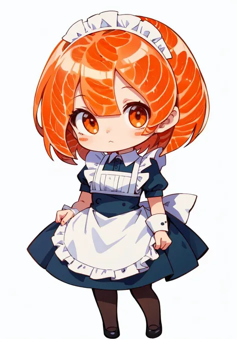 sashimihair, hair_as_food, 1girl, solo, maid uniform, pantyhose, short hair, ((chibi)), orange hair , hair made out of salmon meat, simple background, sticker <lora:sashimihair:1.0>