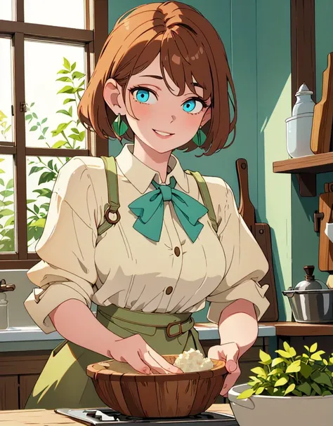 1girl, Oval face, Brown hair Textured pixie cut, Light blue eyes Round eyes, Straight nose, Full lips, A green and brown nature lover outfit with a flower brooch and leaf earrings, bijouterie,  smiling, (craving lusty look:1.3), Modern farmhouse kitchen - ...