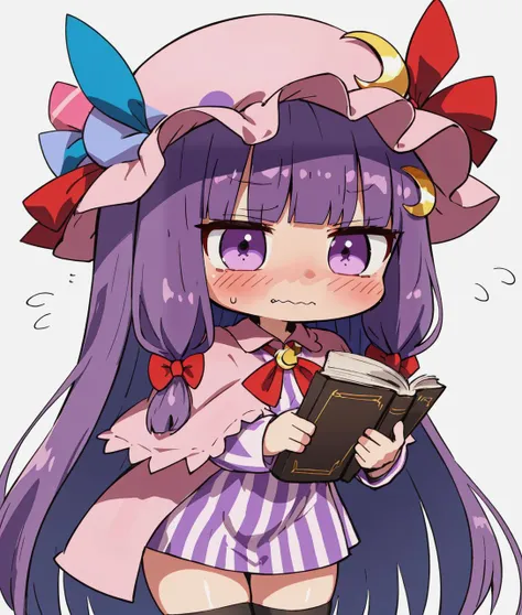 patchouli knowledge, striped dress, red bow, very long hair, crescent hat ornament, large breasts, purple hair, mob cap, long sleeves, book, red ribbon, thighhighs, blue bow, blunt bangs, hair ribbon, hair bow, purple eyes, crescent hair ornament, capelet ...