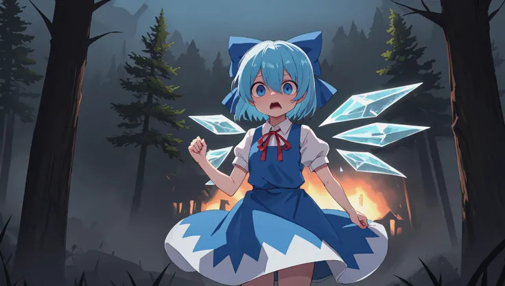 cirno, solo, puffy short sleeves, blue hair, blue bow, hair bow, hair between eyes, blue eyes, neck ribbon, blue dress, ice wings, white shirt, pinafore dress, short hair, red ribbon, terrified, scared, horrified BREAK (darkness:1.2), night, (ghost:1.1), f...