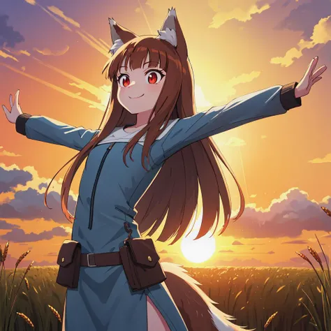 flat chest,  masterpiece, best quality, (vibrant colors, hdr,)
((holo)), spice and wolf,  1girl, animal ears wolf ears, wolf girl, wolf tail, long hair, brown hair, smile, red eyes, slit pupils, pouch, sky, scenic clouds, dust cloud, , sun in the middle of...