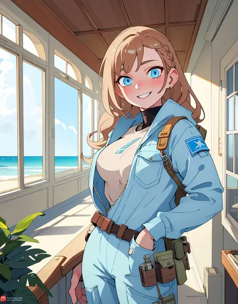 1girl, Square face, Light brown hair Crisscross braided hairstyle, Light blue eyes Doe eyes, Aquiline nose, Wide smile, A futuristic space engineer jumpsuit with utility pockets, a tool belt, and high-tech goggles., bijouterie,  smiling, (craving lusty loo...