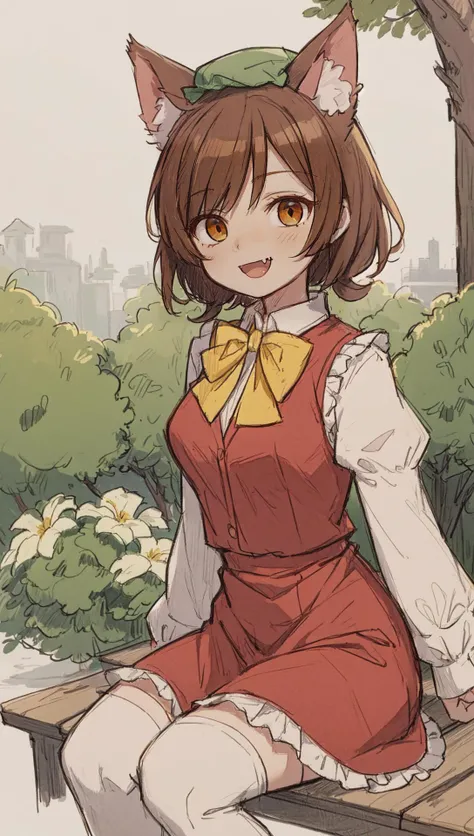 mksks style, detailed background, masterpiece, best quality BREAK chen, cat ears, brown hair, brown eyes, frills, green mob cap, fang, puffy long sleeves, white sleeves, yellow bow tie, red dress, red vest, two tails, sitting on bench, medium breasts, outd...