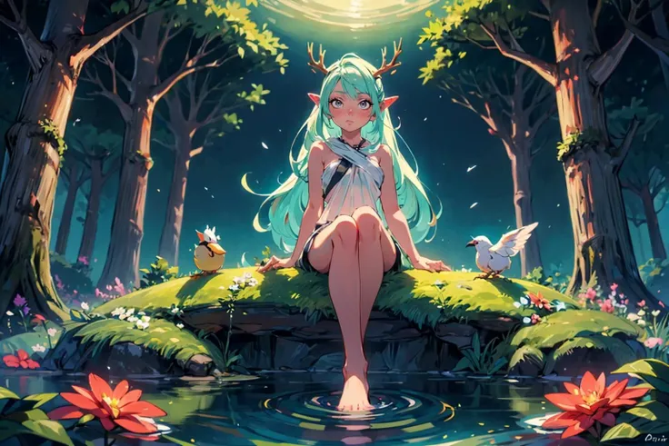 (masterpiece, top quality, best quality, beautiful and aesthetic:1.3), (1girl:1.3), (fractal art:1.3), original, extreme detailed, colorful, enchanted forest, nature, trees, dryad, antlers, pointy ears, flowers, active pose, full body, flower hair, bright ...