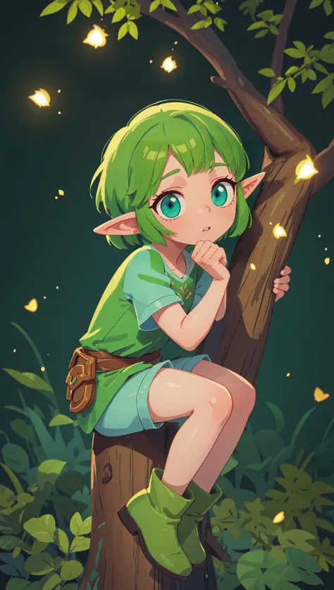 a cartoon image of a girl sitting on a tree with green hair