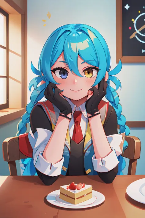 (masterpiece, best quality:1.2), upper body, solo, 1girl, mizuki, slight smile, looking at viewer, head rest, twin braids, heterochromia, yellow vest, gloves, necktie, black dress, indoors, table, cake <lora:mizukidate-nvwls-v1:1.0>