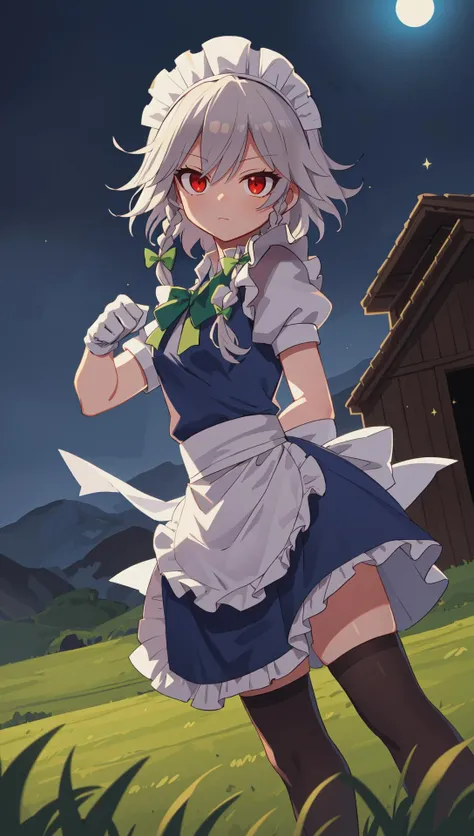 a woman in a maid outfit holding a knife in a field