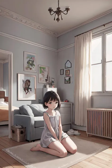 anime girl sitting on the floor in a room with a couch