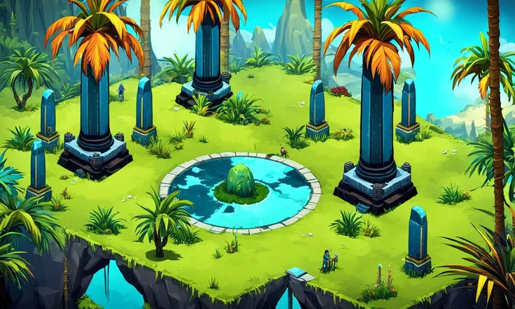 a screenshot of a small island with a fountain and palm trees