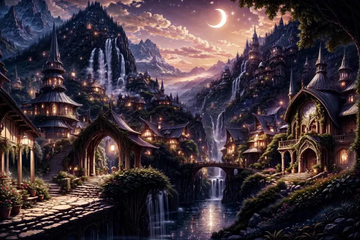 a painting of a fantasy village with a waterfall and a waterfall