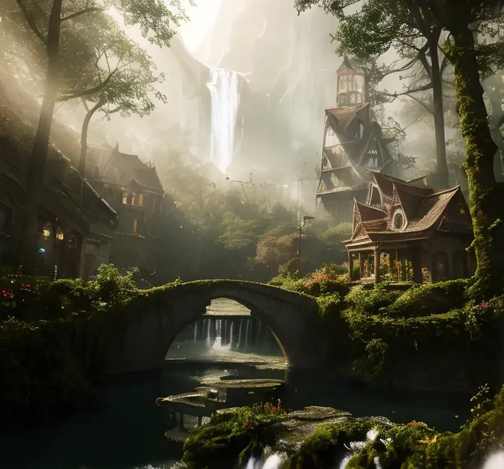 (masterpiece:1.2), (best quality,:1.2), 8k, HDR, ultra detailed, ((photorealistic)), professional light, cinematic lighting, fashion photography, ambient lighting, atmospheric effects, a HighElf fantasy city, waterfall, forest, <lora:HighElf-10:1>, ((perfe...