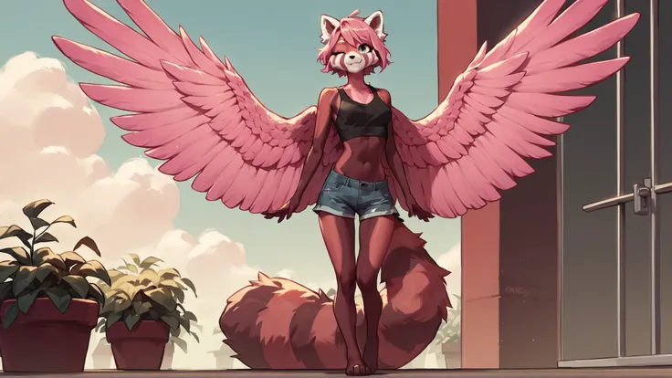 score_9,score_8_up,score_7_up,source_cartoon,source_anime,1girl,two-tone skin,intricate,highly detailed,furry,anthro,outside,midriff,slim,booty shorts,<lora:Marusame_OC_Character-000009>,full body,red panda,black and pink skin,pink wings,pink hair,