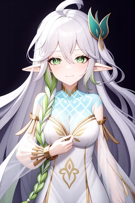 a woman with long white hair and green eyes wearing a white dress