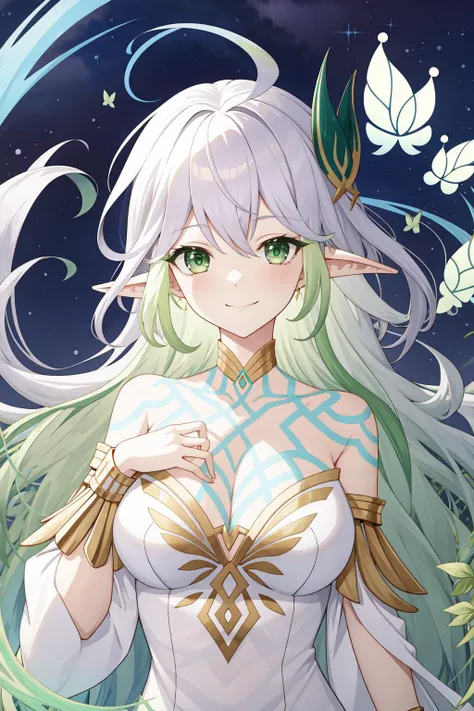 a woman with long white hair and green eyes standing in front of a night sky