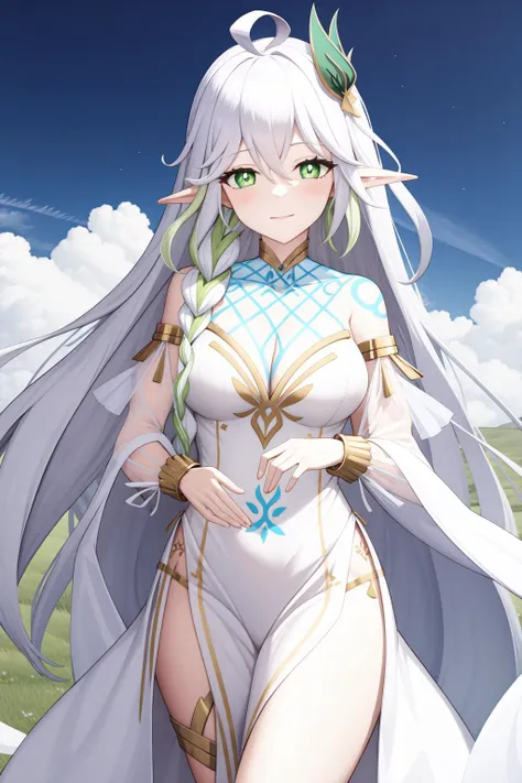 a woman in a white dress with long hair and green eyes