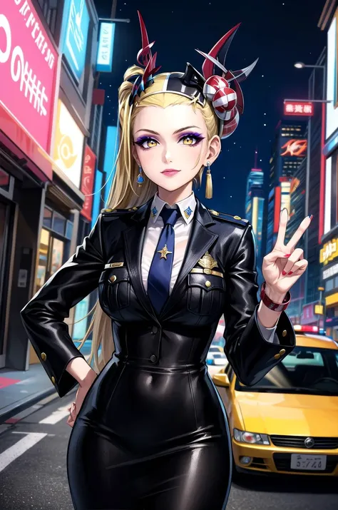 (masterpiece, best quality, detailed), 1girl, solo, edea, hair ornament, earrings, makeup, lipstick, looking at viewer, 
policewoman, police uniform, police hat, necktie, pencil skirt, armband, breast pocket, holster, outdoors, cyberpunk, city, night, city...