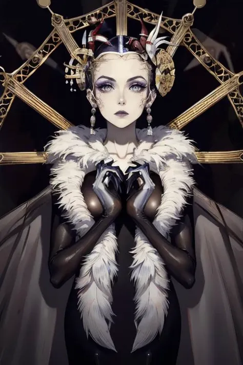 edea, hair ornament, earrings, cape, black dress, long dress, feather trim, plunging neckline, long sleeves, elbow gloves, makeup, huge breasts, standing, pale skin, cowboy shot, night, cityscape, looking at viewer, emotionless, outstretched arms, masterpi...