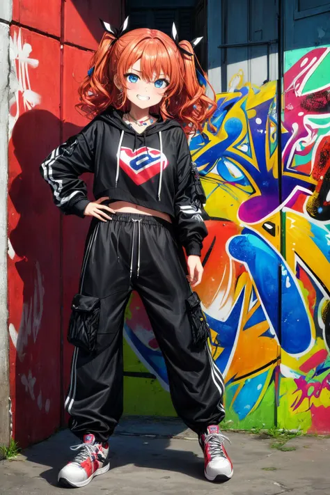 arafed woman in a black outfit standing in front of a graffiti wall