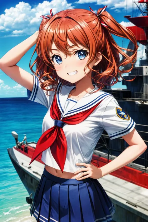 a woman in a sailor outfit standing next to a boat