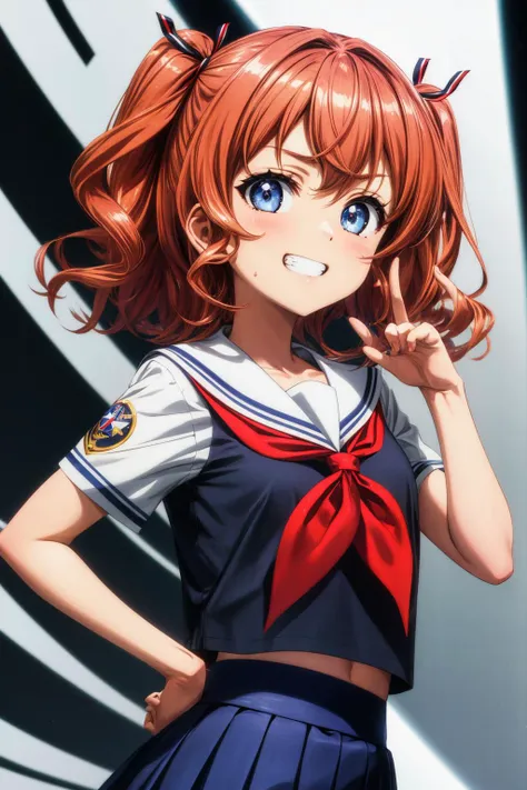 anime girl with red hair and blue eyes posing for a picture