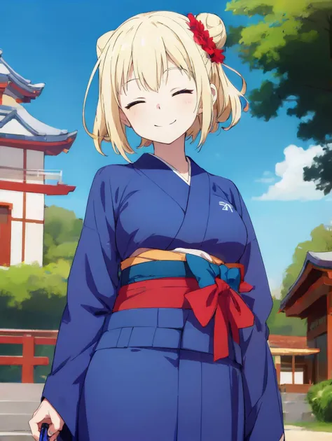 best quality, megami magazine, madeon, cowboy shot, solo, shrine, jinja, outdoors,
mature female, blonde hair, closed eyes, large breasts, pale skin, nihongami, kanzashi, hair bun, elegant kimono,  haregi, silent smile, seductive smile, facing viewer, stan...