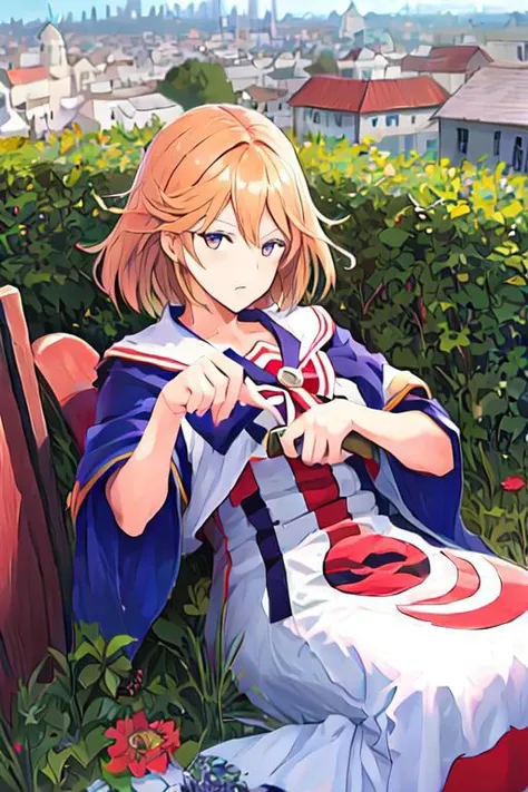 anime girl sitting on a bench in a garden with a city in the background