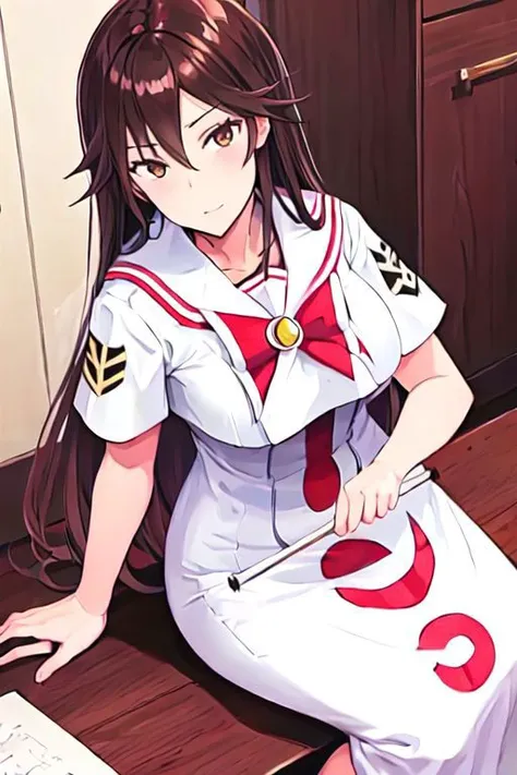 anime girl in uniform sitting at a desk with a computer