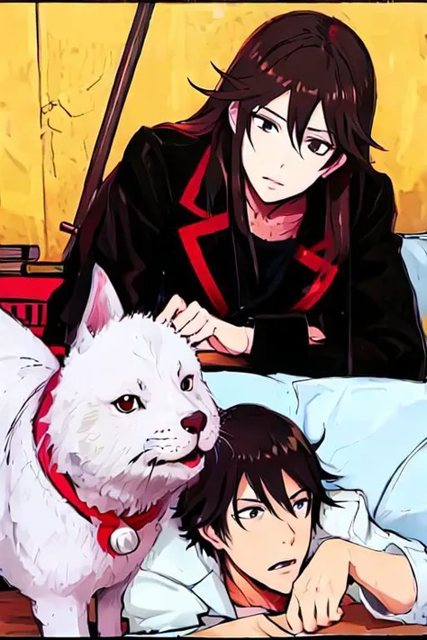 anime image of a man and a woman laying in bed with a dog