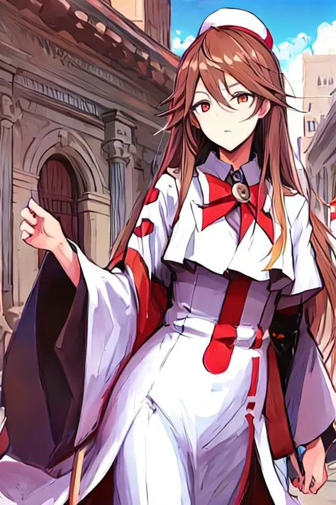 anime girl in a white dress and red and white outfit walking down a street