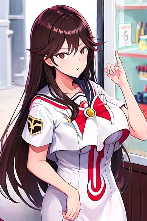 anime girl in uniform pointing at something in a store