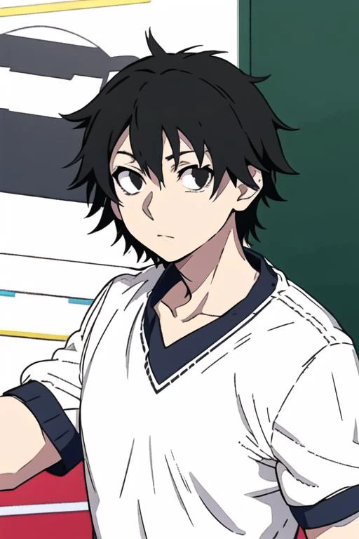 masterpiece, best quality, high quality, 1boy, solo, male focus, looking at viewer, upper body, <lora:shintarou_kisaragi:0.76>, shintarou_kisaragi, black hair, black eyes, hair between eyes, gym uniform