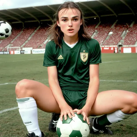 araffe sitting on the ground with a soccer ball in front of her