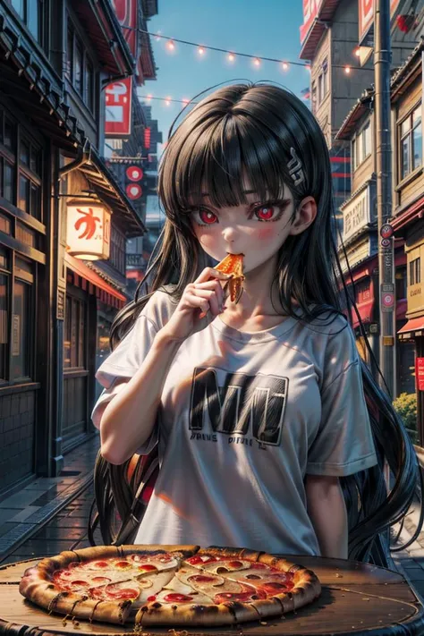 masterpiece, best quality, absurdres, perfect anatomy, 1girl, solo, TsukatsukiRio, red eyes, hairclip, t-shirt, eating, table, upper body, pizza, happy, lamp, outdoors, street, lamppost, <lora:CHAR-RioV2:1> <lora:detail_slider_v4:1>