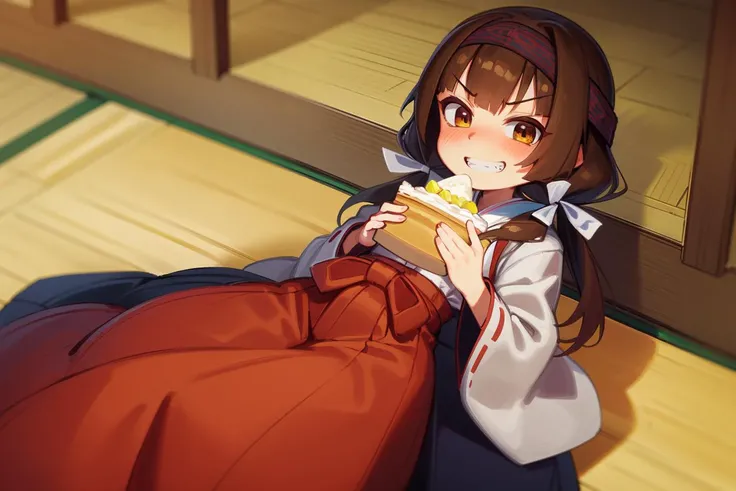 masterpiece, highest quality, cowboy shot, best quality, 1girl, solo, looking at viewer,
amayadori machi, blush, brown eyes, brown hair, hair ribbon, hakama, hakama skirt, headband, holding, japanese clothes, kumamiko, low twintails, miko, red hakama, ribb...